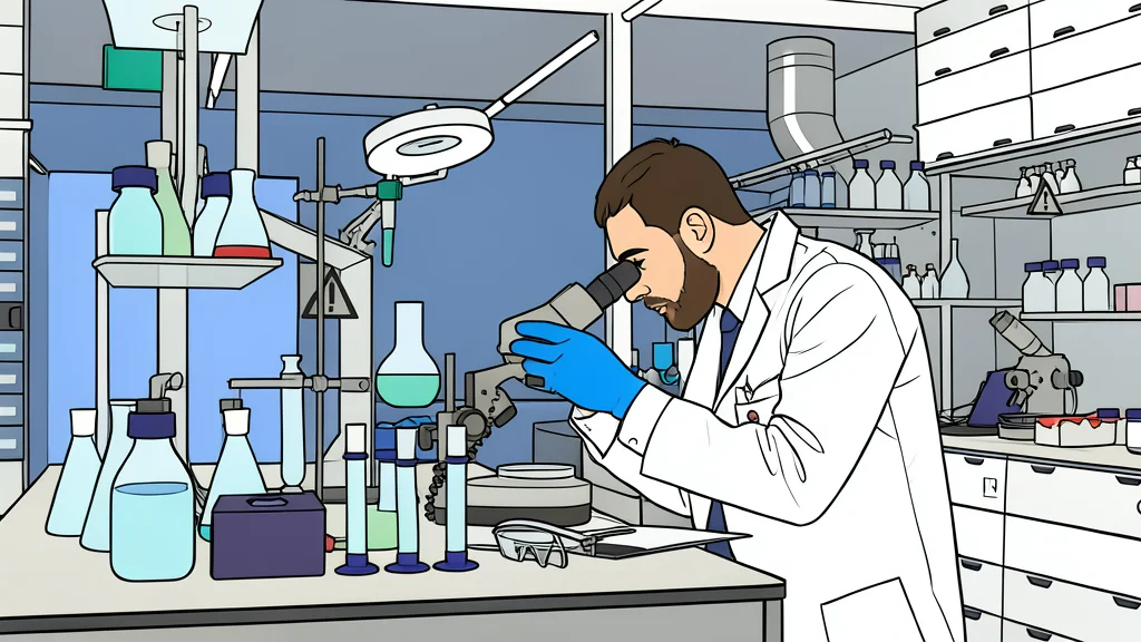A glass vial containing a clear liquid standing on a white laboratory bench