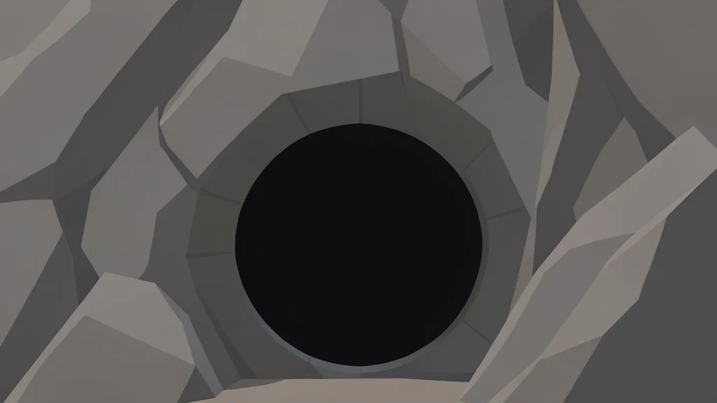 A dark, narrow tunnel entrance carved into a rugged, rocky mountain face, with deep shadows and no visible text or human figures.