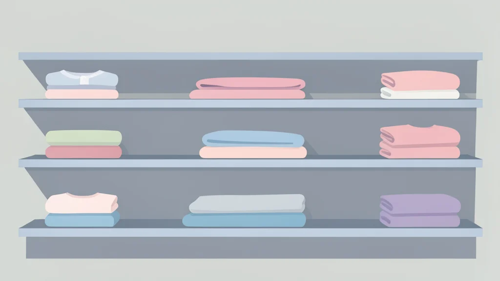 A row of empty retail store shelves with folded baby clothes
