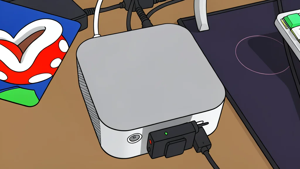 A compact silver metal cube with multiple cable ports on its sides, sitting on a wooden desk next to a small computer.