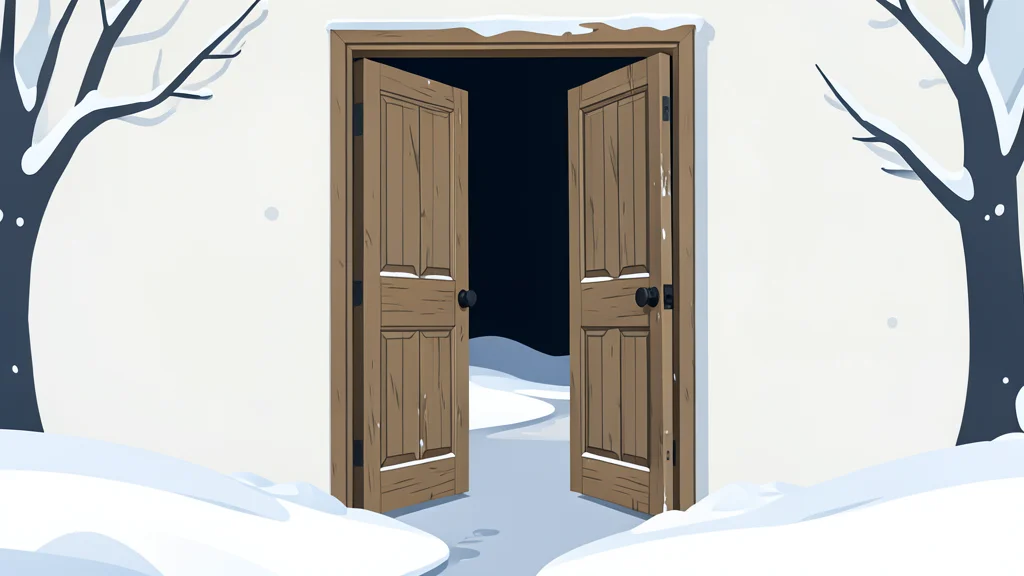 A weathered wooden door standing open in a snowy landscape, leading from a dark interior to a bright, quiet street.