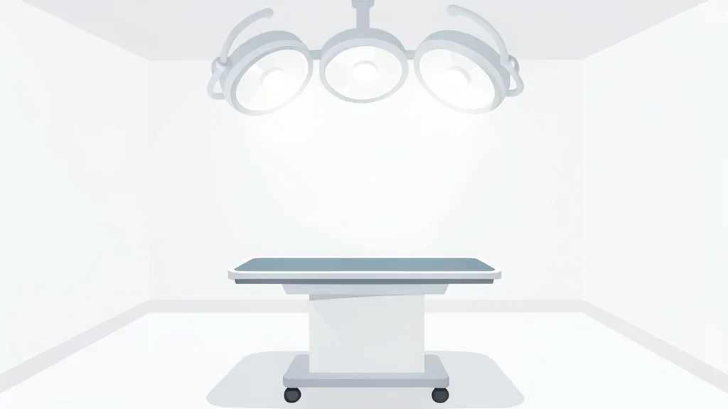 A sterile, white medical operating room with a surgical table and overhead lighting