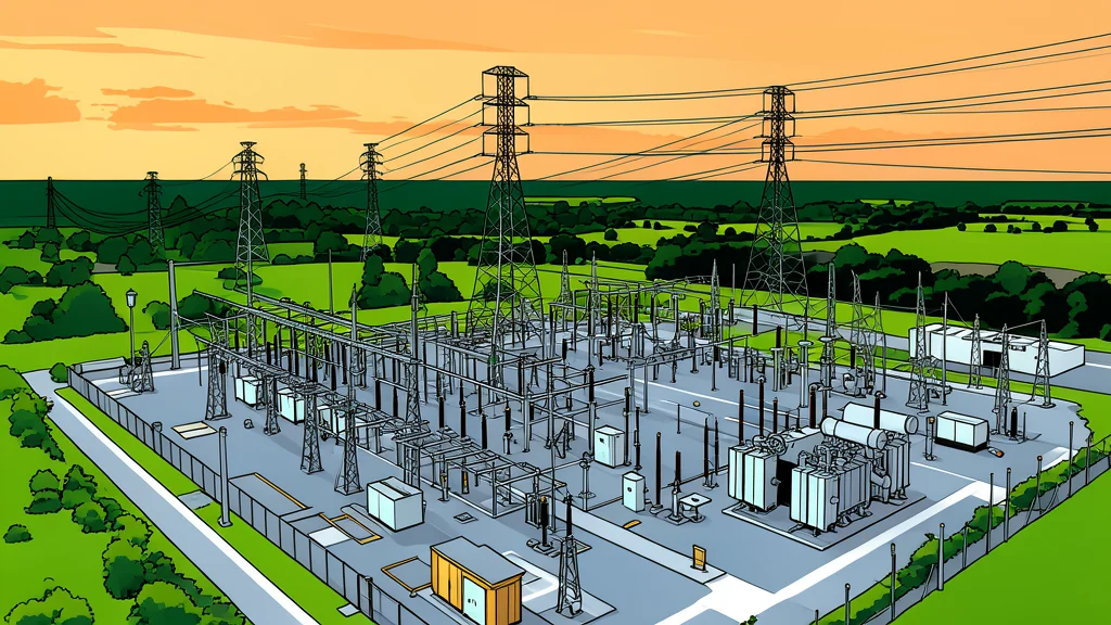 A high-voltage electricity pylon standing in a grassy field under a clear sky