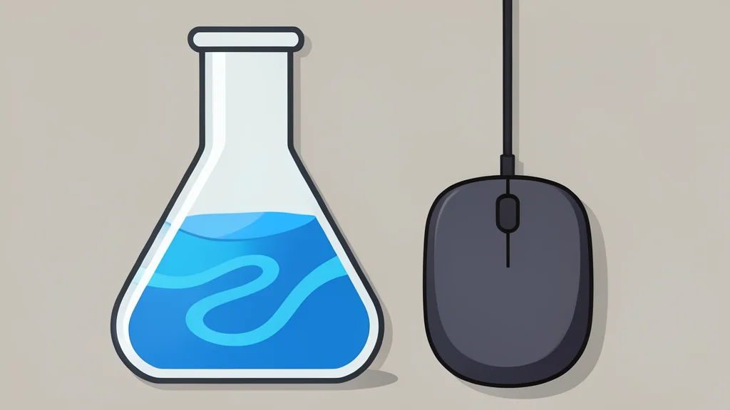 A glass laboratory flask containing swirling blue liquid next to a computer mouse