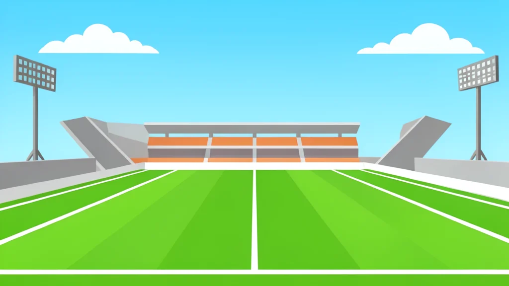 A wide-angle view of a green football field with crisp white yard lines stretching toward the horizon under a bright, cloudless blue sky.