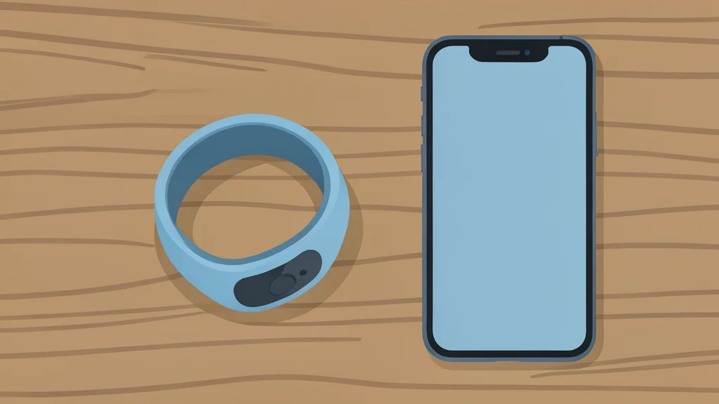A sleek, modular fitness band resting on a wooden surface next to a smartphone