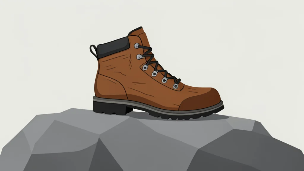 A single wooden hiking boot resting on a rocky trail.