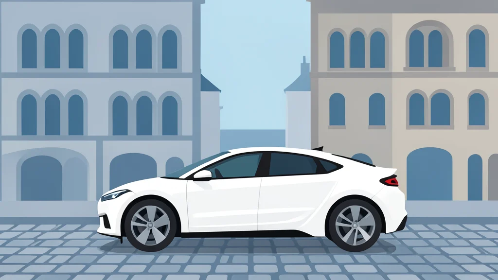 A sleek, futuristic electric car parked on a quiet European street with cobblestones and historic architecture in the background.
