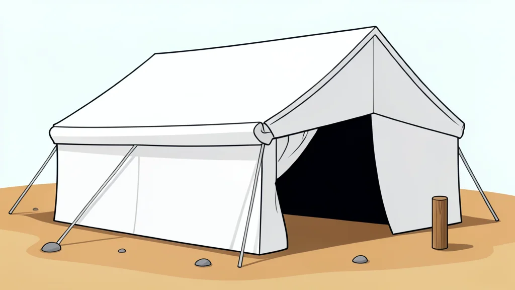 A row of white canvas tents set up on a sandy beach near a harbor