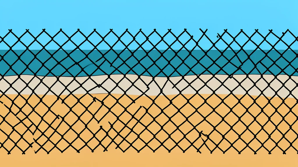 A chain-link fence bordering a sandy beach