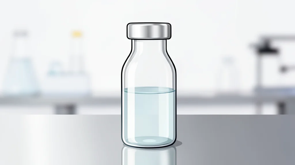 A glass vial containing a clear liquid standing on a white laboratory bench