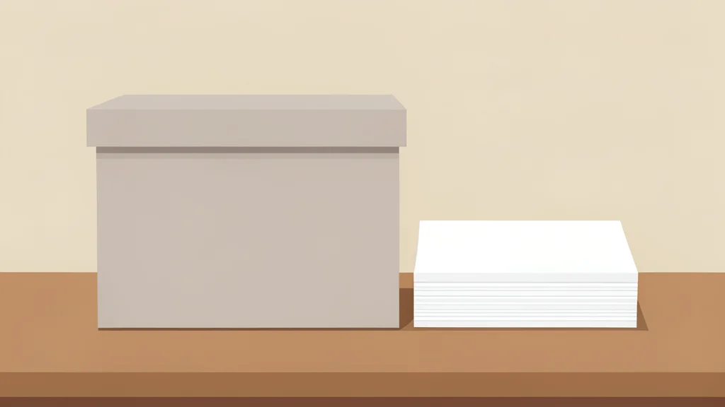 A simple ballot box and a neat stack of paper ballots resting on a wooden surface.