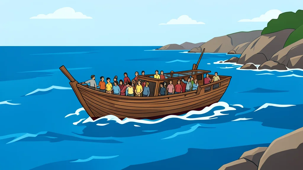 A crowded wooden boat floating on choppy blue sea water near a rocky coastline