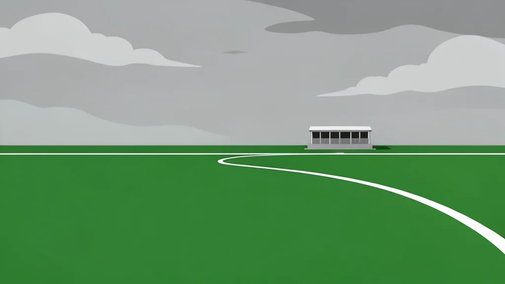 A grassy racecourse track curving around a distant grandstand under a cloudy sky