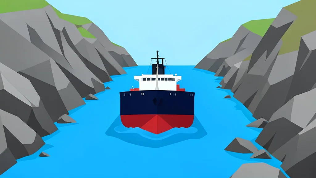 A large oil tanker ship moving through a narrow strait between rocky coastlines