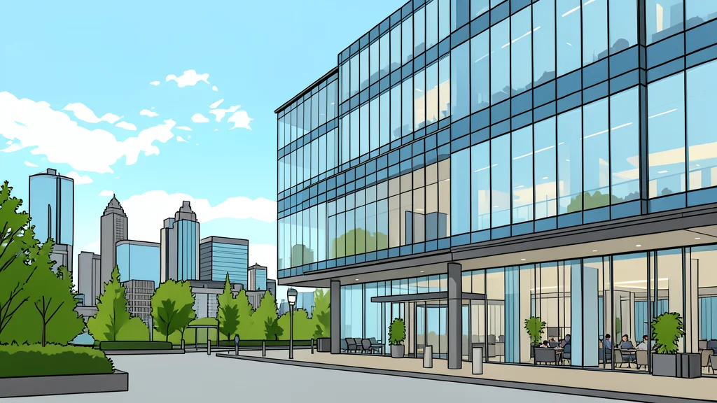 A modern glass office building with a secure entrance and a shield-shaped emblem on the facade