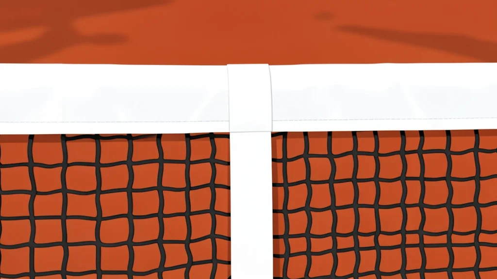 A red clay tennis court with white boundary lines and a net stretched across the center