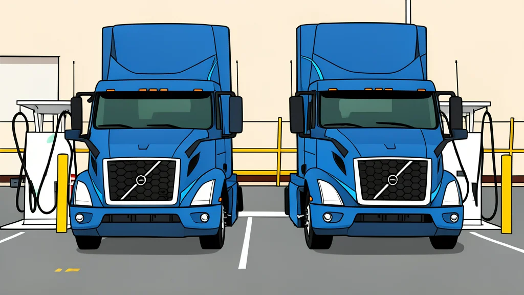 A large, modern electric semi-truck parked on a paved road next to a charging station