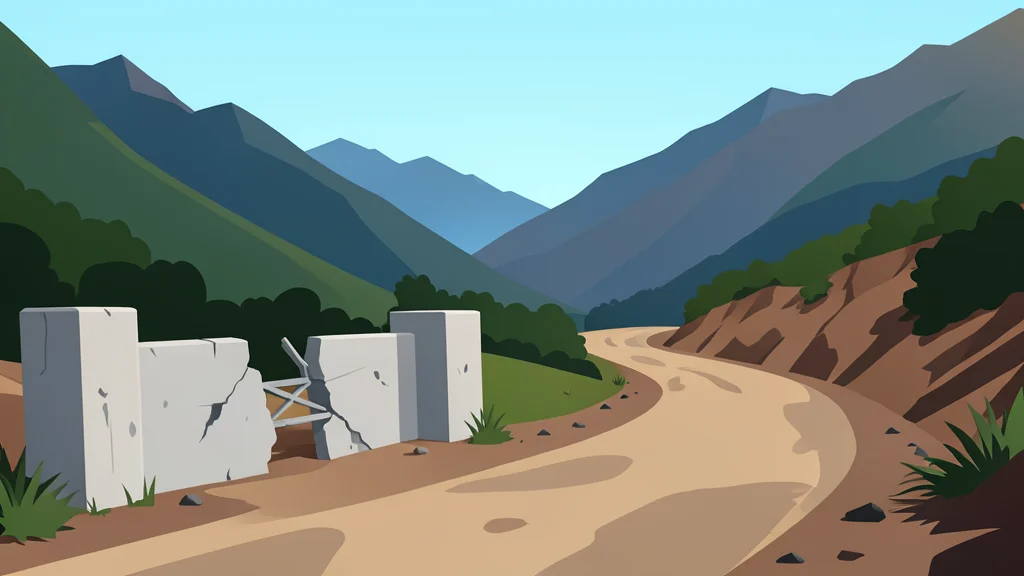 A dusty, unpaved road in a mountainous region with a damaged concrete gate structure in the foreground