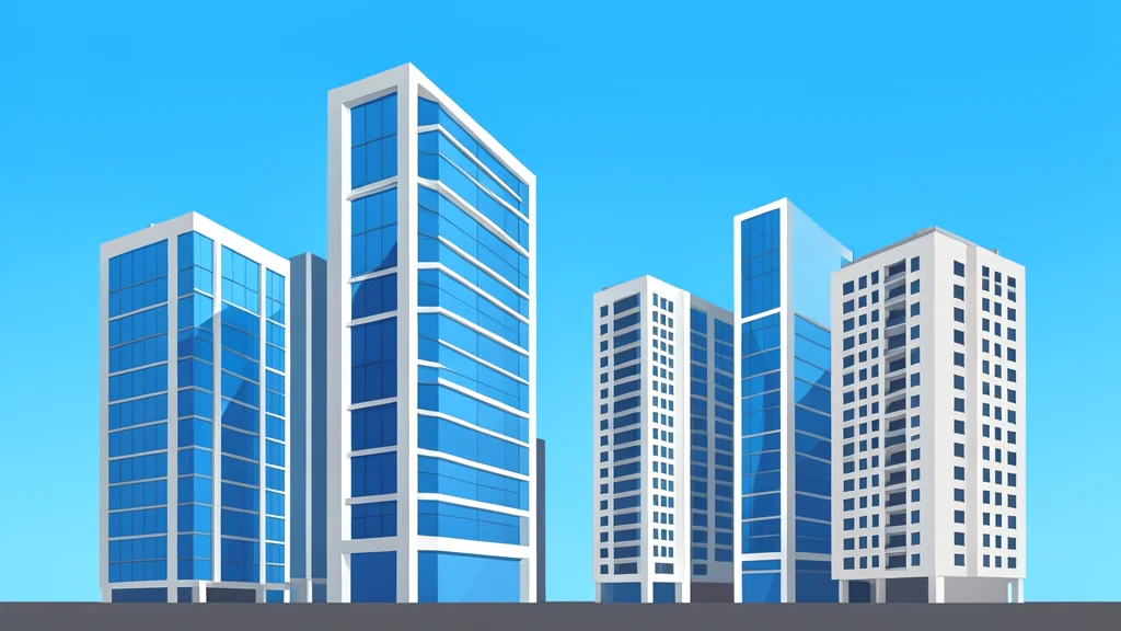 A cluster of modern glass office buildings and residential towers under a clear sky