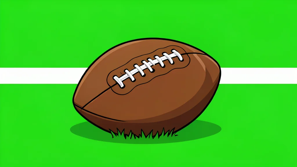 A green football field with white yard lines and a brown leather football resting on the grass