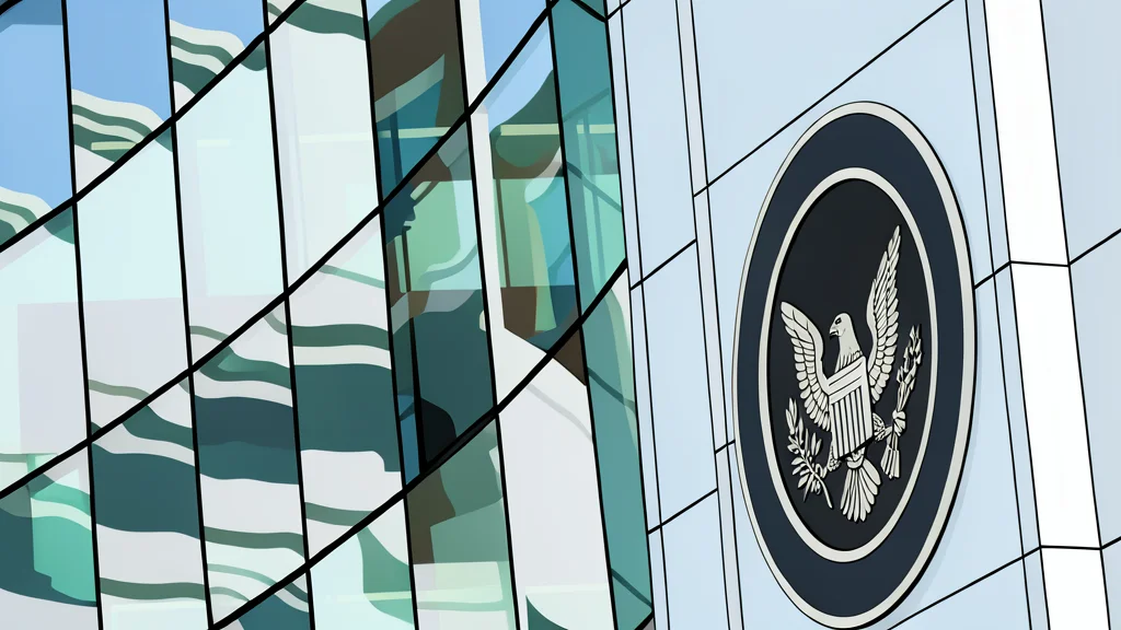 A glowing digital token hovers above a classical bank building.
