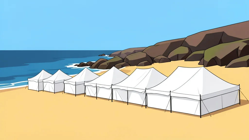 A row of white canvas tents set up on a sandy beach near a rocky coastline