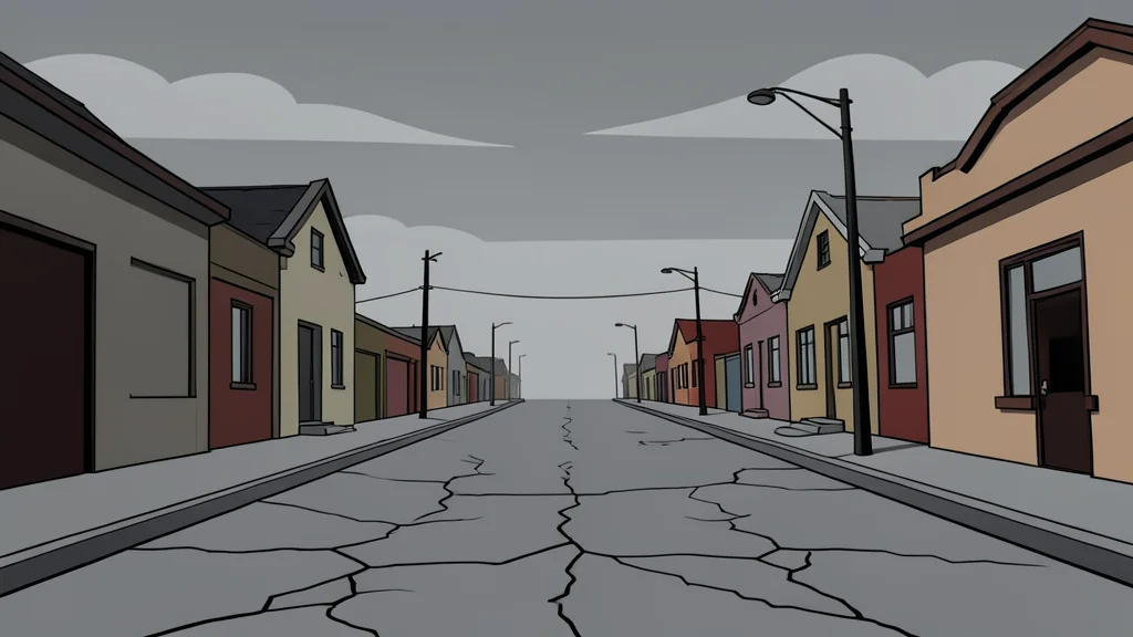 A desolate, empty street in a small town with cracked pavement and abandoned buildings under a grey sky.