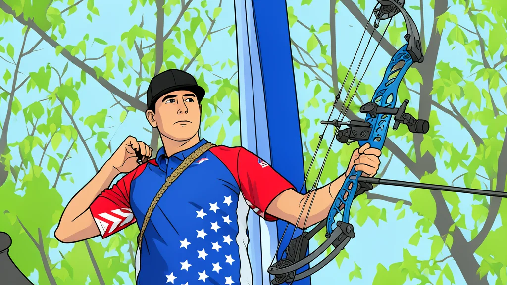 A compound bow with a stabilizer rod resting on a grassy field