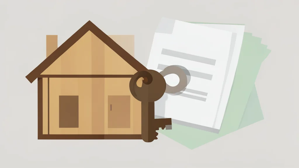 A wooden house key resting on a stack of paper documents
