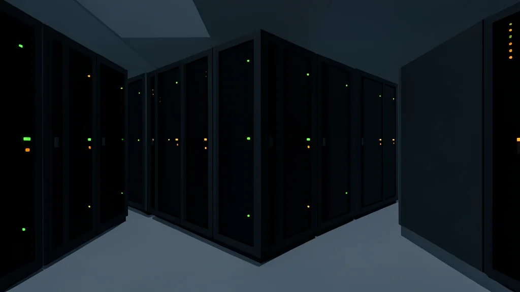 A row of tall, black server racks with blinking status lights in a dimly lit data center aisle