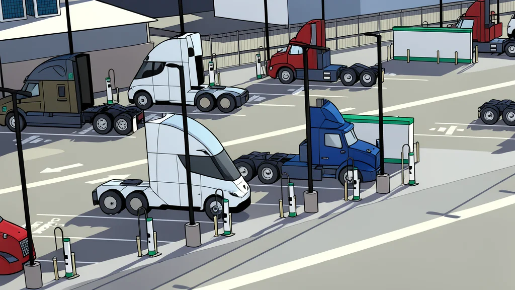 A large industrial warehouse building with a row of heavy-duty electric vehicle charging stations in the foreground