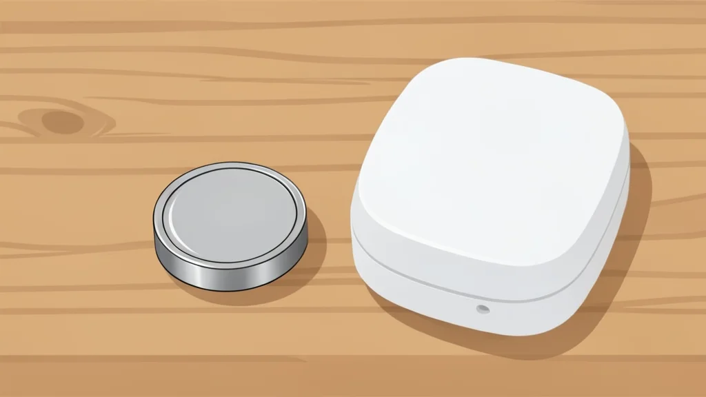 A small round coin cell battery resting on a wooden surface next to a white wireless sensor device
