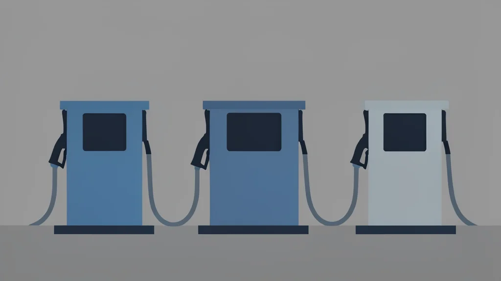 A row of fuel pumps at a gas station under a grey sky