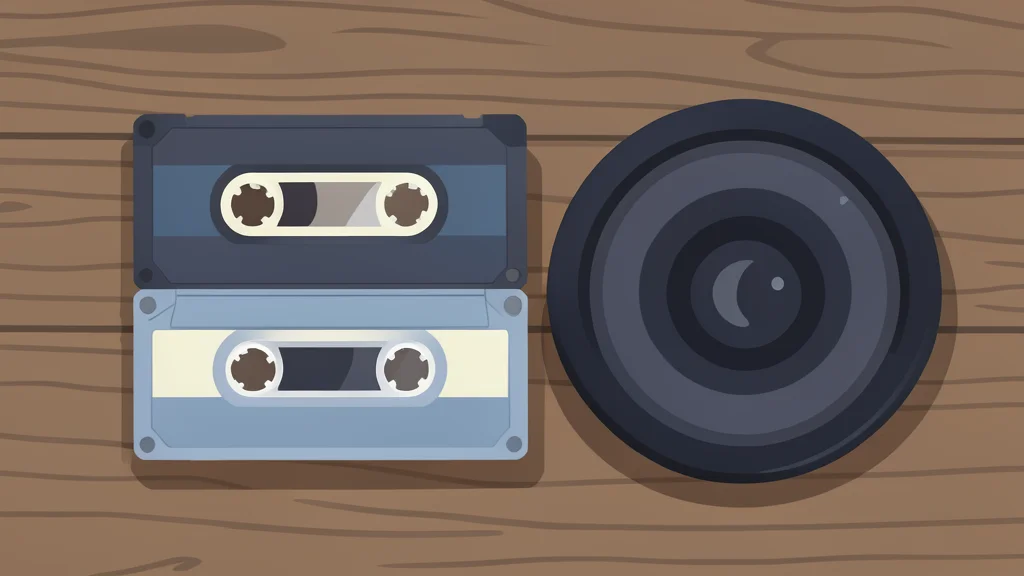 A stack of vintage video cassette tapes and a professional camera lens resting on a wooden desk