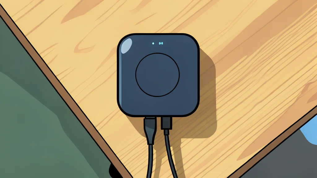 A small, white, rectangular smart home hub with a smooth matte finish sitting on a wooden surface next to a glowing smart light bulb.