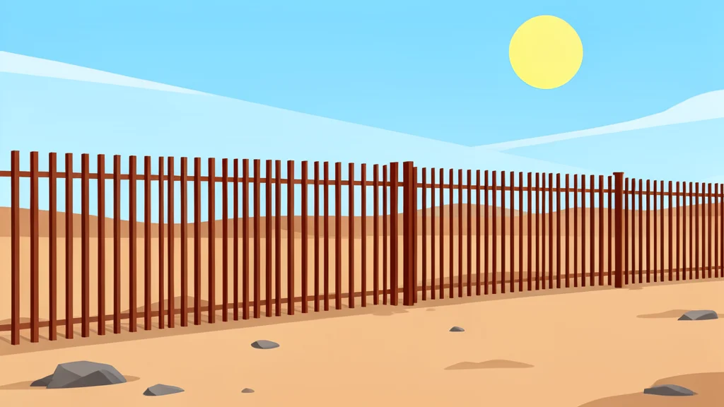 A tall, rusted metal border fence stretching across a dusty, arid landscape under a bright sun.