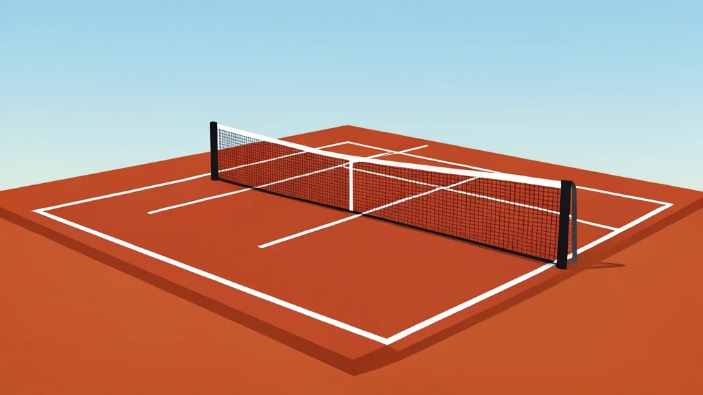 A red clay tennis court with white boundary lines and a net stretched across the center