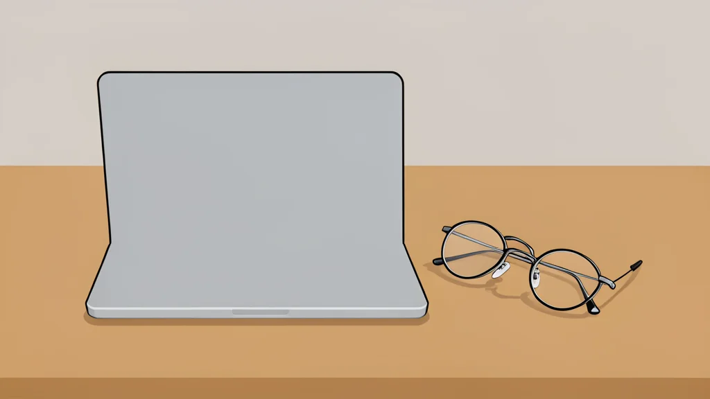 A closed laptop computer resting on a wooden desk next to a pair of reading glasses.