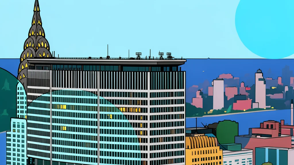 A modern glass skyscraper with a grid-like facade reflecting a clear blue sky