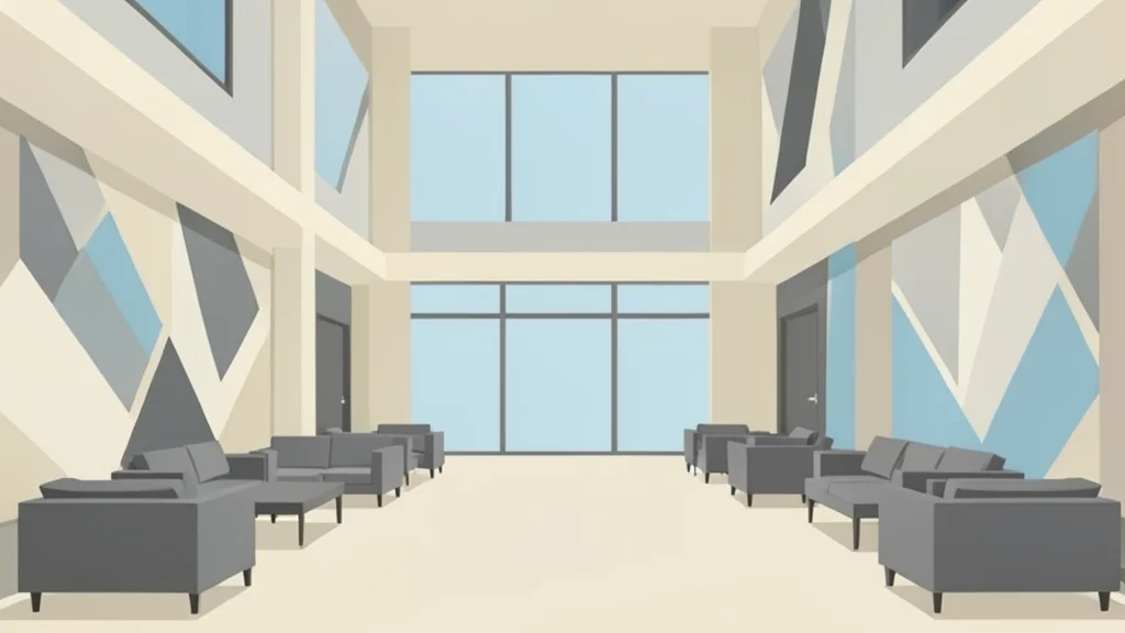 A modern hotel lobby with high ceilings and comfortable seating