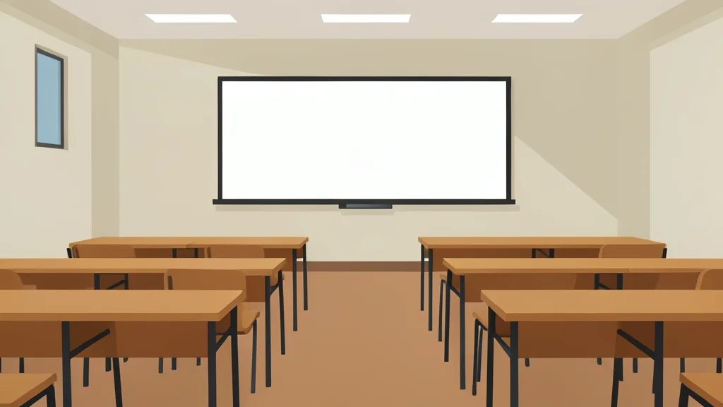 A university lecture hall with empty desks and a whiteboard