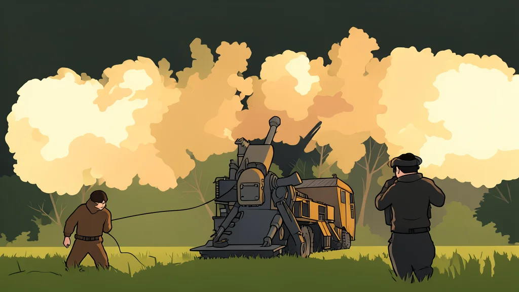 A flat-vector illustration of a military training camp with wooden structures and trenches set in a dense forest