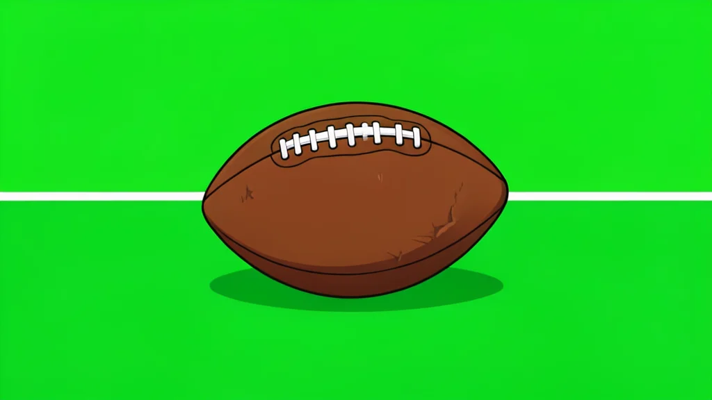 A worn leather football resting on green artificial turf