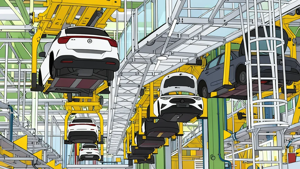 A modern automotive assembly line featuring robotic arms working on a vehicle chassis.