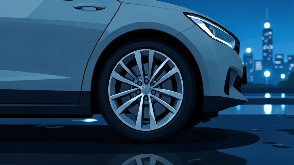 A sleek, modern electric sedan parked on smooth asphalt with a blurred city skyline in the background.