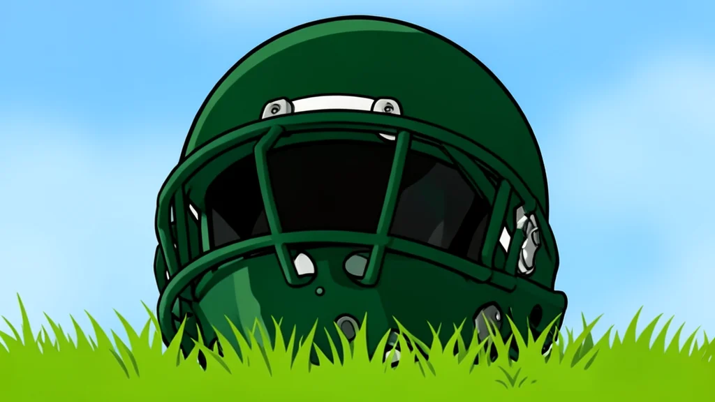 A green football helmet resting on a grassy field
