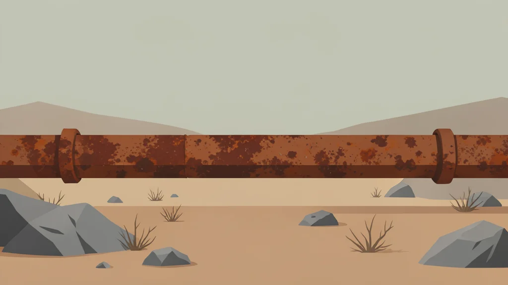 A rusted industrial pipeline running through a dry, rocky desert landscape under a hazy sky