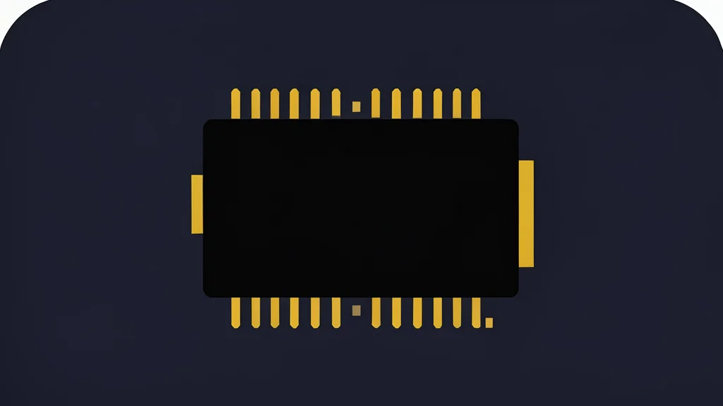A close-up view of a black rectangular computer memory chip with gold contact pins, resting on a dark surface.