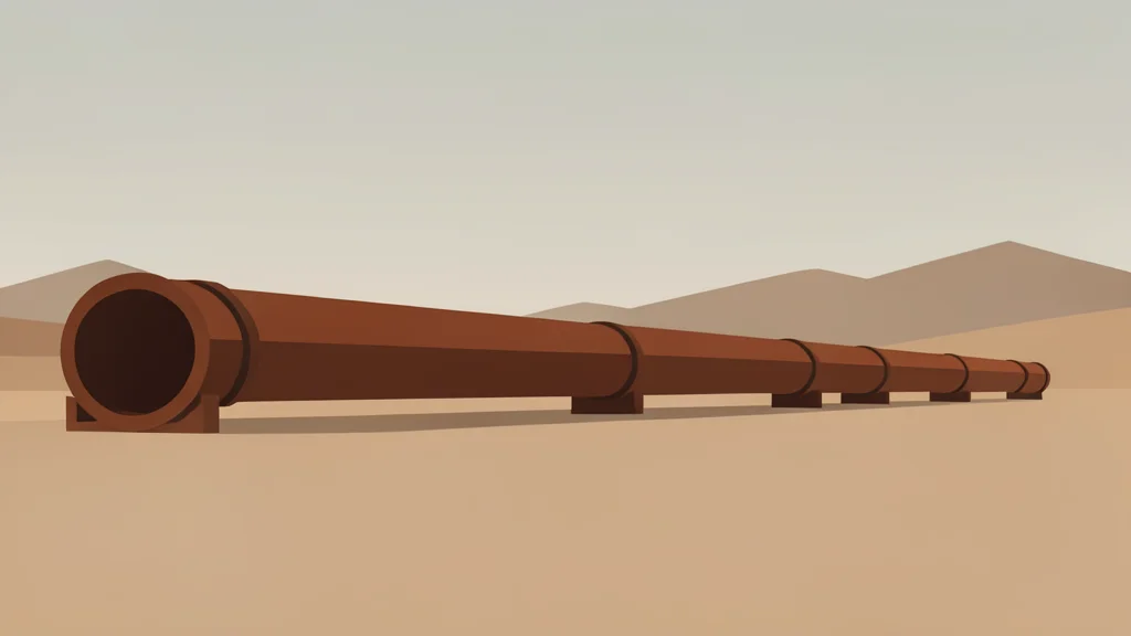 A long, rusted steel pipeline stretching across a dry, arid desert landscape under a hazy sky.
